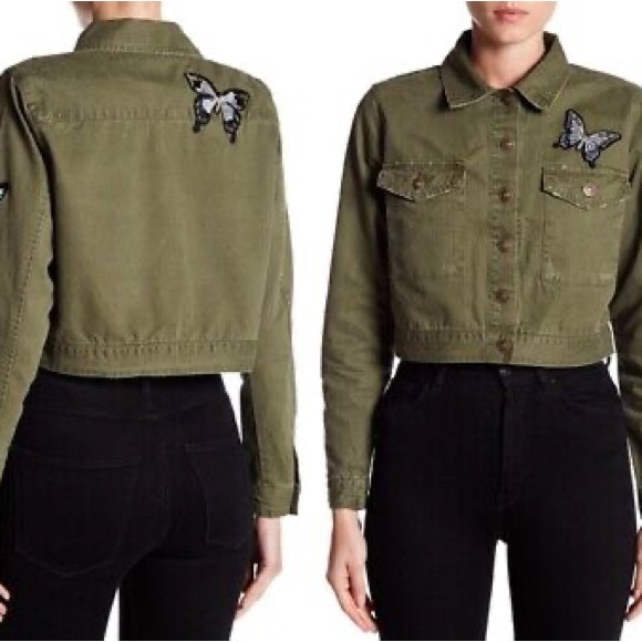 Philosophy Jackets & Blazers - ⭐️ NWT Philosophy Olive Army Green Embroidered Butterfly Cropped Patch Jacket XS